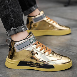 New Classic Gold Silver Black Vulcanized Shoes Men Bling High Top Leather Flat Footwear Lace Up Walking Sneakers Man Big Size 46